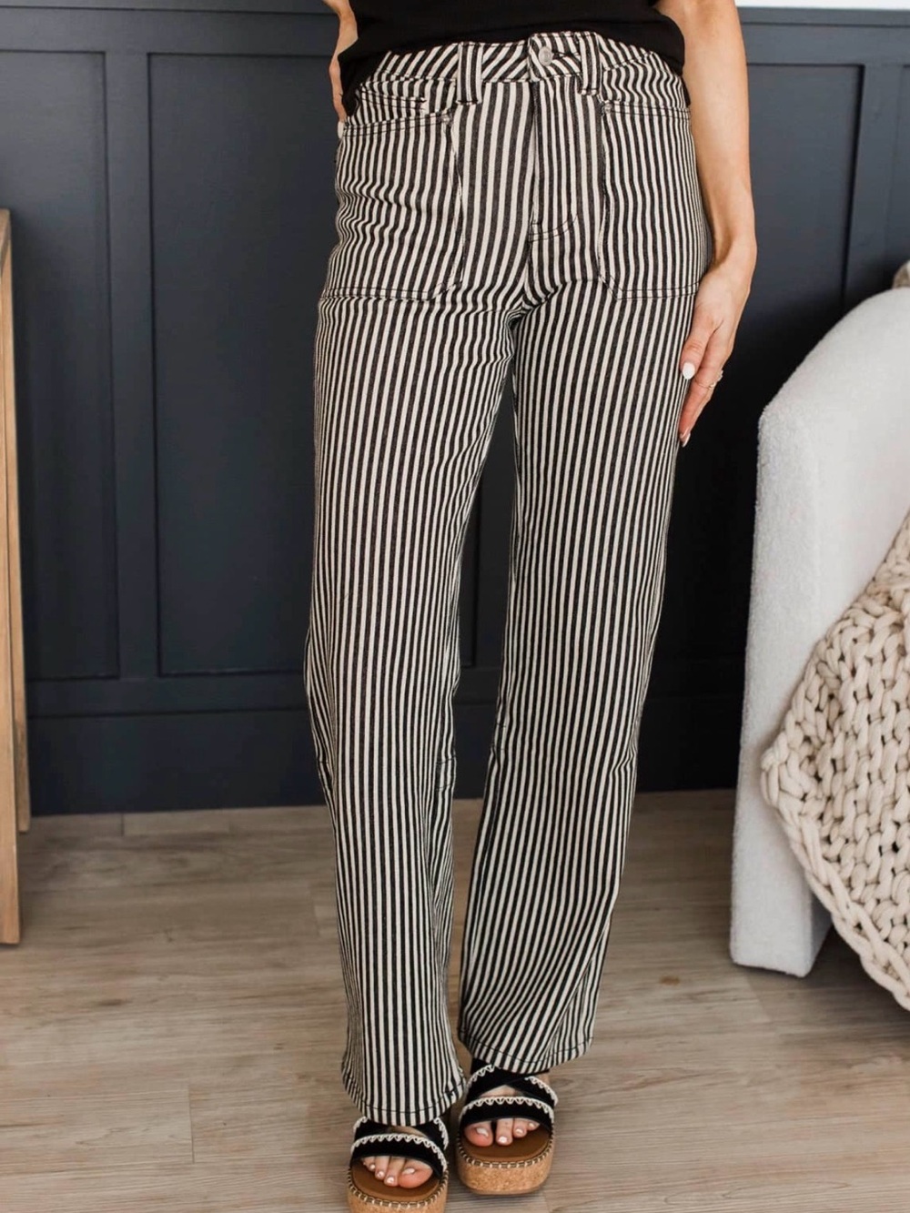 Mica High-Rise Black & White Stripe Wide-Leg Trousers high end boutique brand